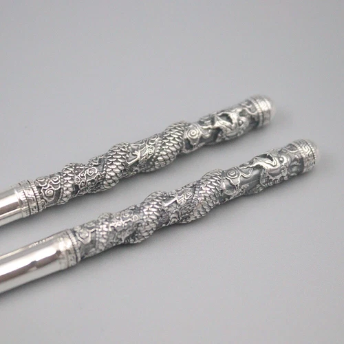 Palillos de plata fina real 999 mango de dragón y fénix palillos saludables - Imagen 6 de 24