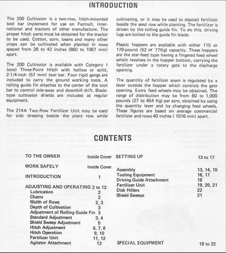 IH International 200 Cultivator Manual 2 Row 3 Point Hitch Tool Bar Cultivator - Picture 2 of 10