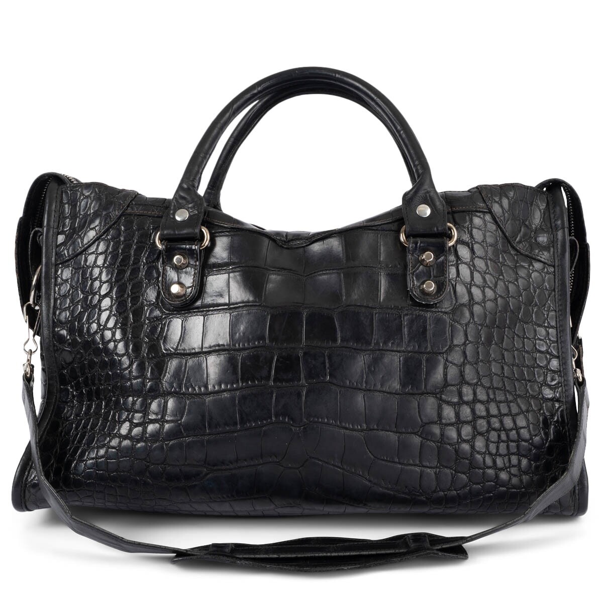 68693 auth BALENCIAGA black CROC CLASSIC CITY Shoulder Bag