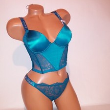 Victoria Secret Bra Set 32C Push Up Small Panty Blue Shine Strap Long Line Lace
