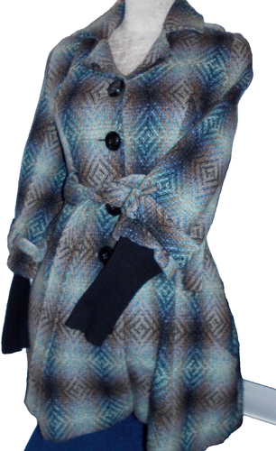 Fab numph blue check wool blend belted retro coat size 8