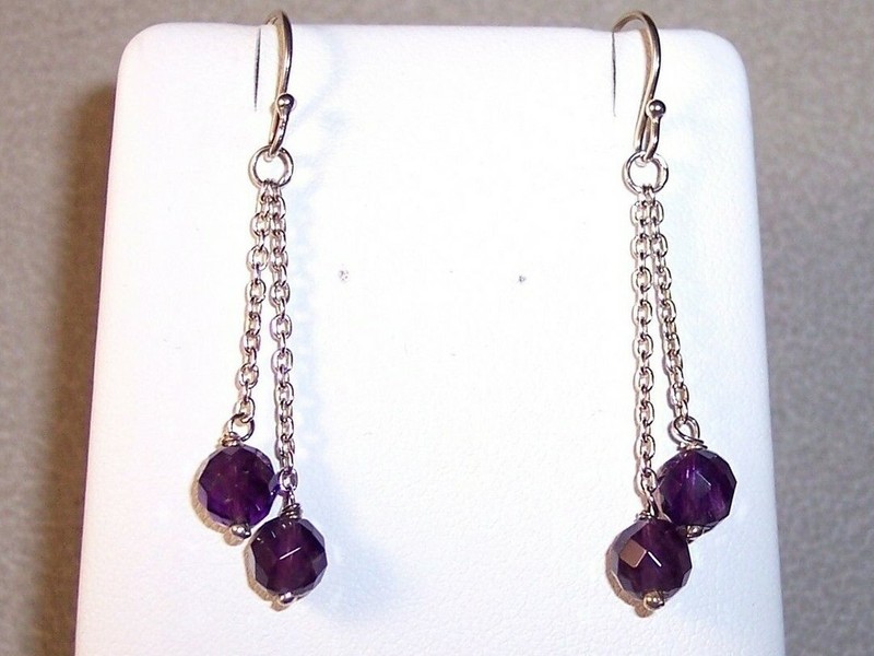 Sterling silver 6mm faceted 4 round purple amethyst dangle earrings hook