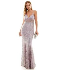 Speechless Juniors Lavender Embroidered V-Neck Illusion Gown Dress - 5 - Purple
