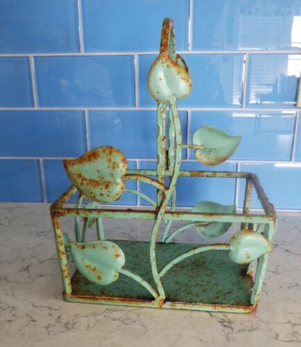 Vintage Metal Basket Shabby Pale Green Paint Chippy Rusty French Country 10 inch - Picture 1 of 4