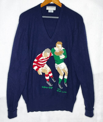 James Pringle Cashmere Sweater Size 44 Mens Rugby Made In Scotland Navy Blue