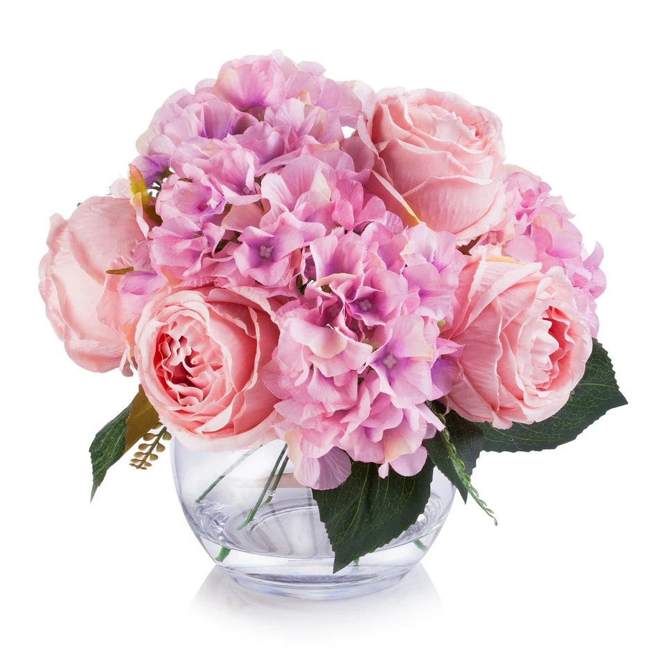 Arreglo floral de hortensia y peonía de seda rosa en florero de vidrio con agua sintética Foto 2 de 4