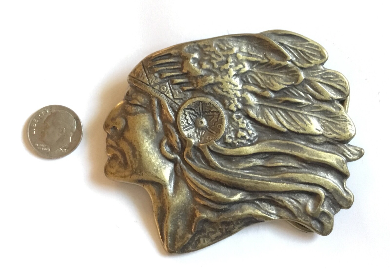 1970s Solid Brass Indian Chief Belt Buckle Gem