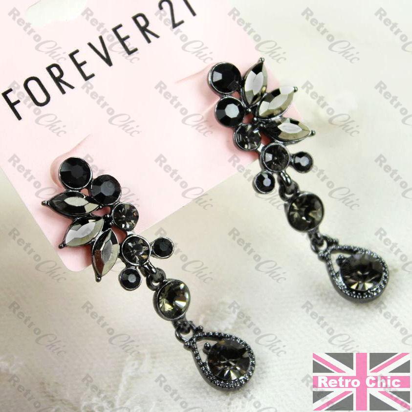 CRYSTAL rhinestone DROP EARRINGS jet black/grey MARCASITE VINTAGE