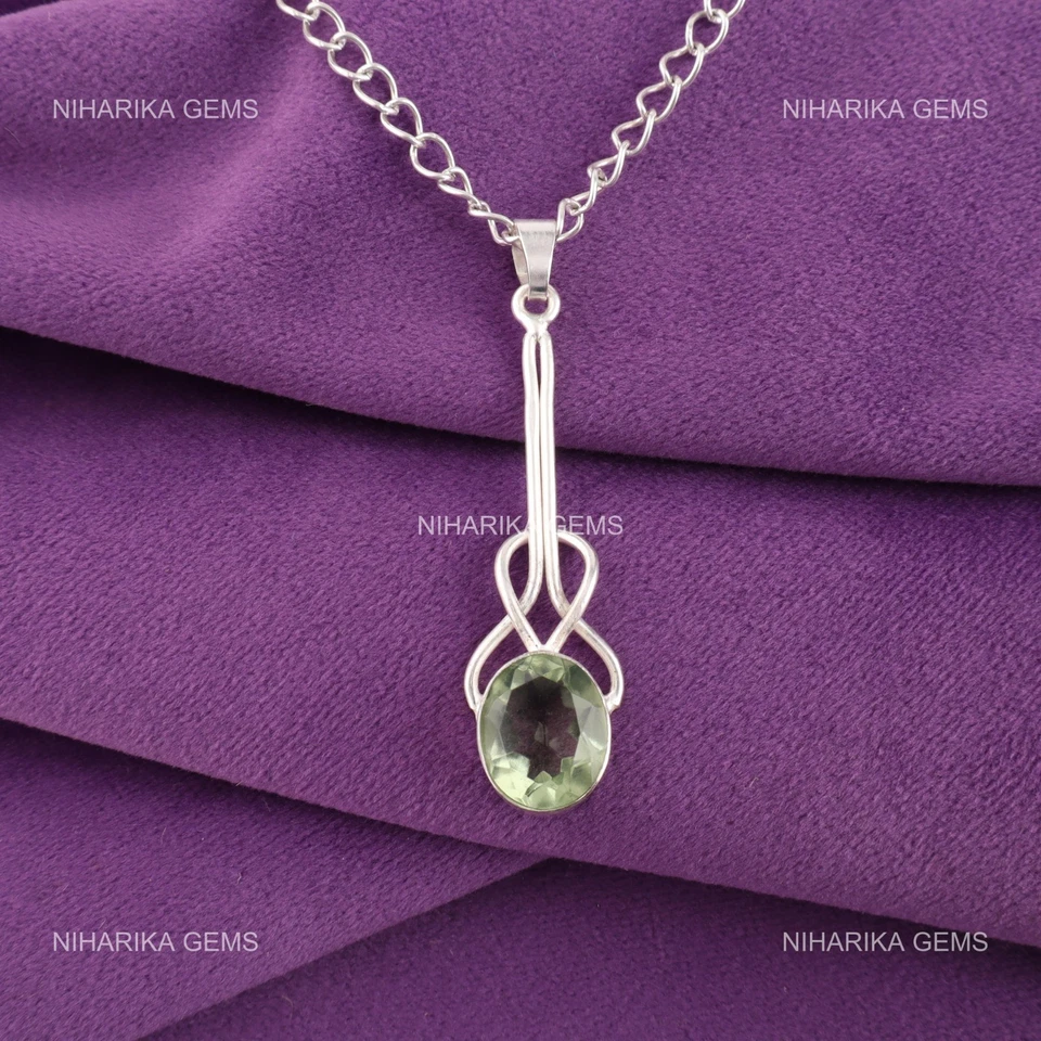 Argento Sterling Ovale Verde Ametista Gemma Art Déco Matrimonio Figlia Ciondolo - Immagine 3 di 4