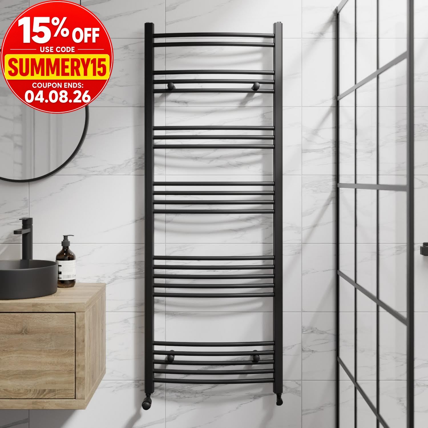 RadiLux Curved Heated Towel Rail Matt Black - 1600 x 600mm
