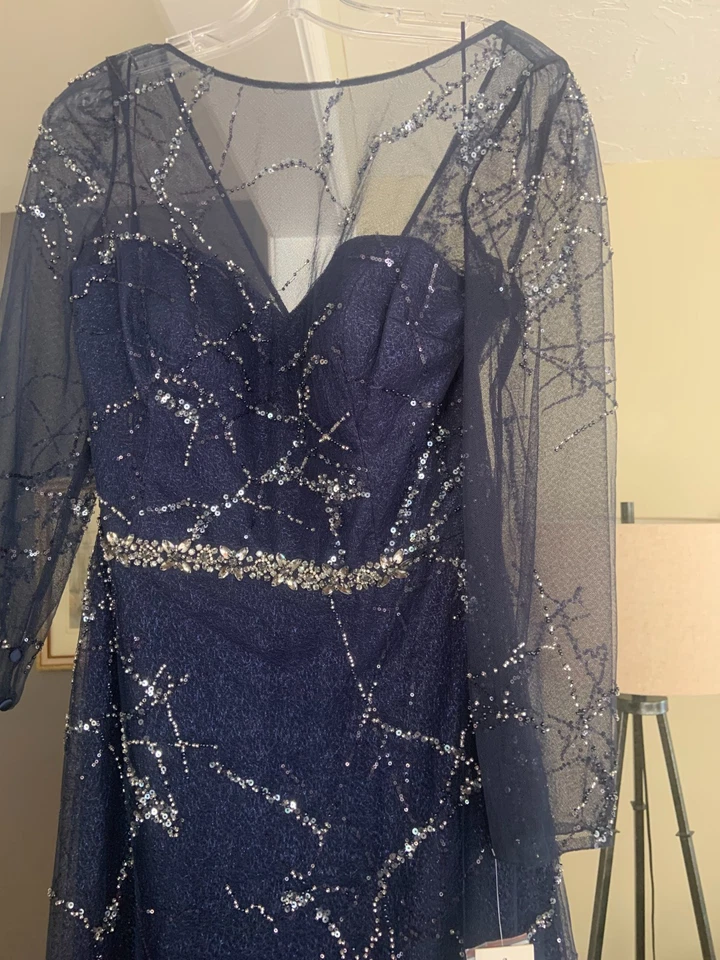 Vestido largo Teri Jon azul marino y plata, talla 12, nuevo con etiquetas Foto 2 de 4