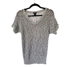 Ann Taylor Womens XS Petite Taupe Open Knit Crochet V-Neck Sweater Top NWT