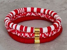 Red White Beaded Polymer Clay Bracelet Set with Brass Accents Round Shape