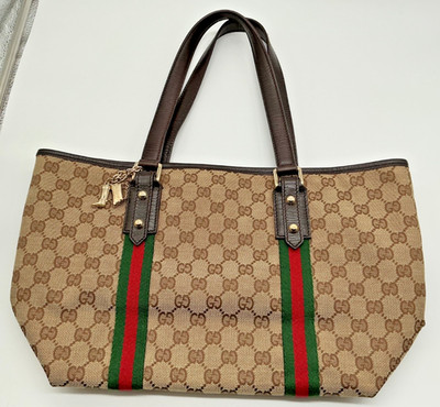 Gucci GG Sherry Tote Bag Brown Canvas Leather 