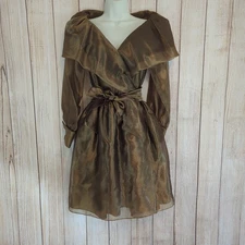VTG 80’s  BEAU David Satin Bronze Gold Organza Belted / Bow Party  Dress Size 4 