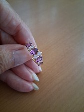 Ladies Diamonique Yellow 14ct Gold Ring Set With 4 Faux Rubies & 3 Pink Diamonds