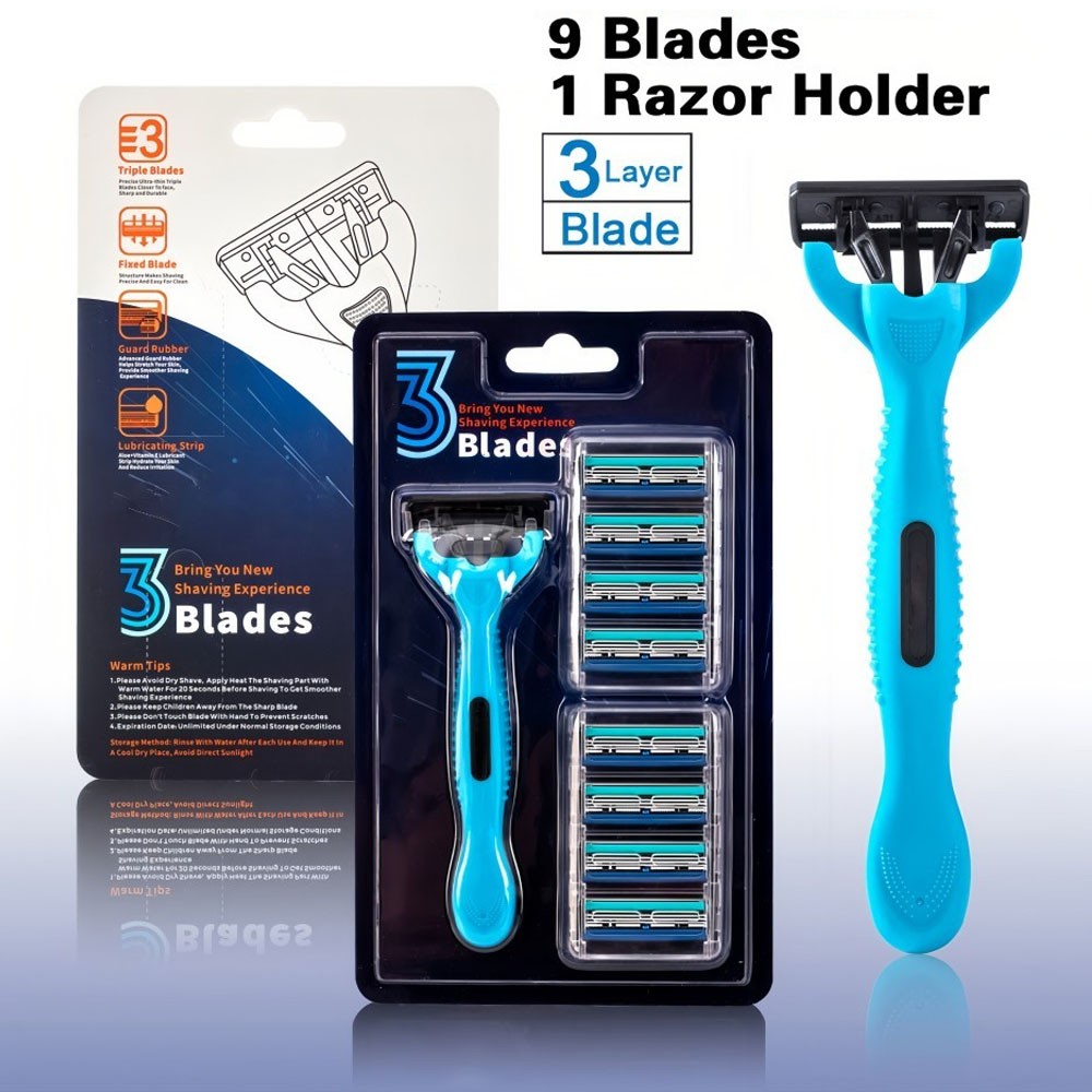 3-blades Shaving Safety Razor 1 Handle With 9 Cartridges Refills