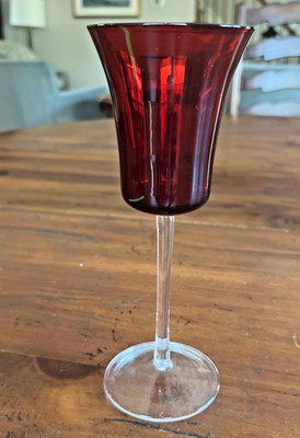 Vintage Ruby Red Long Stem Wine Glass Clear Stem 8 3/4 