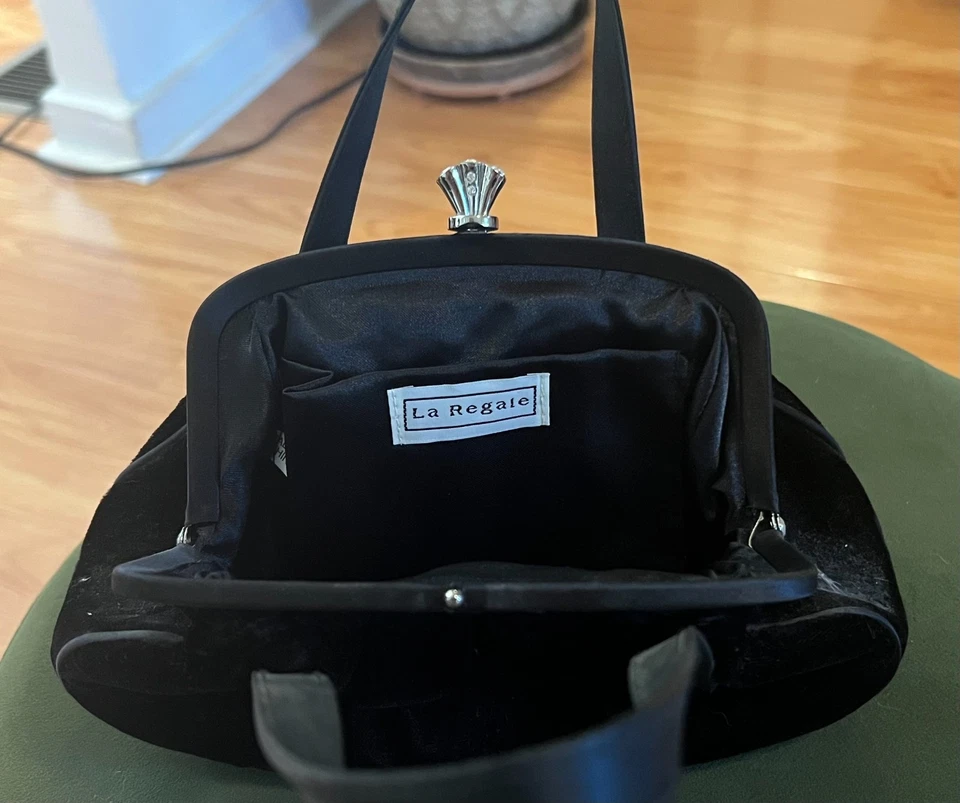 Vintage Black Velvet Evening Bag with Rhinestone Fan Clasp - Image 2 of 4