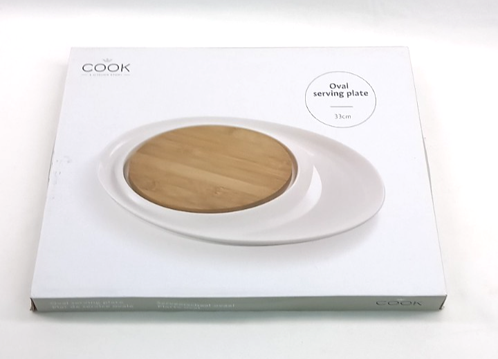 Cook Oval Serving Plate Platter 33cm White Ceramic with Bamboo Board NEW Serving