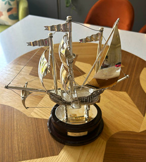 Santa Maria Merchant Navy Metal Model Sailing Ship Ornament on Wooden Base