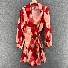 SheIn Wrap Dress Women M Medium Pink Geometric Short Belted Tasseled Long Sleeve