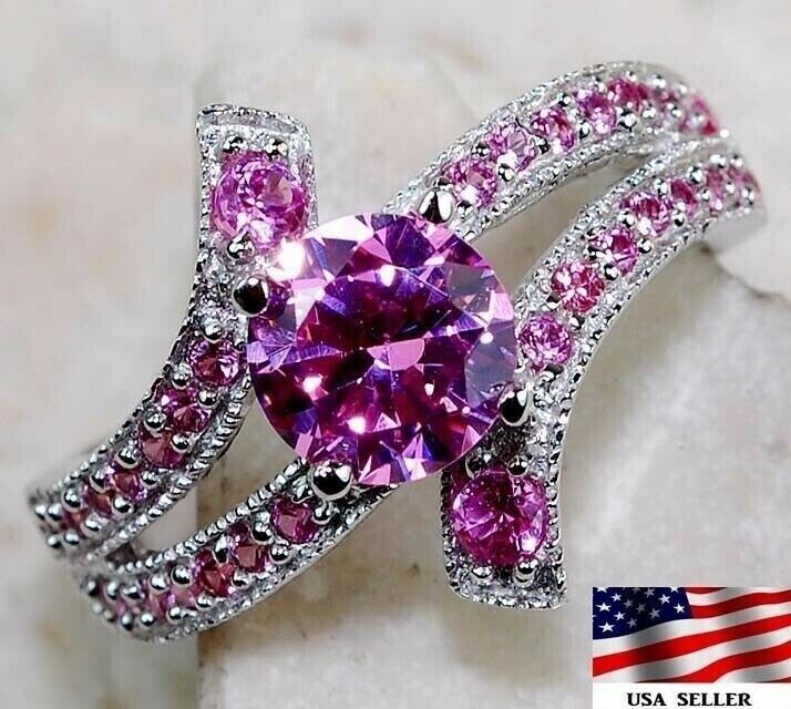 2CT Heat Treated Pink Topaz 925 Solid Sterling Silver Ring Sz 7 &2-5