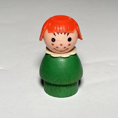 Vintage 70s Fisher Price Little People Green Girl Red Hair Freckles Wood Base