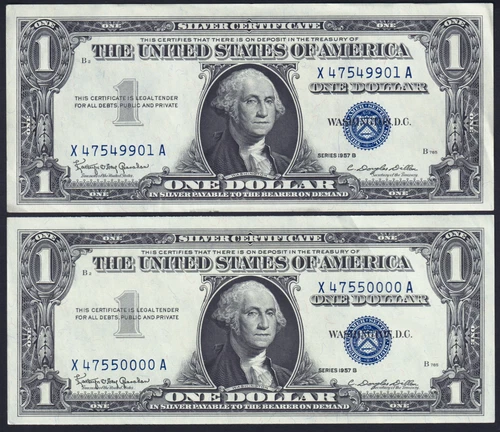USPC TWO (X2) FR 1621 $1 1957B SILVER CERTIFICATES, UNC (GEM) WITH SEQ SERIAL#'s - Picture 5 of 7