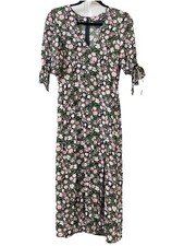 ASOS Floral Midi Dress Tie Puff Sleeves V-neck Front Slit Buttons Spring Sz 6 US