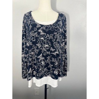 J. Jill Navy Floral Butterfly Layered 2X Plus Top Cottagecore Butterflies