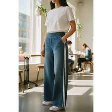 NWOT Halara Womens Flex High Waisted Wide Leg Stripe Denim Jeans Large Blue