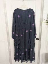 Asos Design Women 26 Navy Maxi Dress Swiss Dots Purple Embroidery Florals