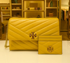 NEW Tory Burch Kira Chevron Yellow Leather Small Shoulder Bag + Kira Card Case 