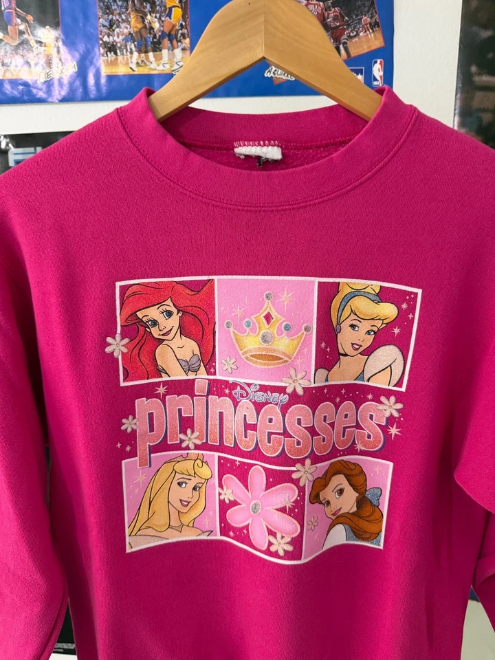 Vintage Anos 90 Princesas Disney Rosa Ariel Bela Adormecida Meninas Decote Redondo Médio - Imagem 4 de 4