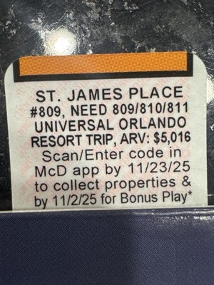 2025 McDonald s Monopoly St James Place Unredeemed #809