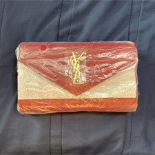 Saint Laurent Cassandre Envelope Chain Wallet Red Beige Logo Accent Women