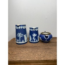 Lot of 3 Wedgwood Jasperware Blue Creamer Sugar Bowl Pitcher Set Neoclassical