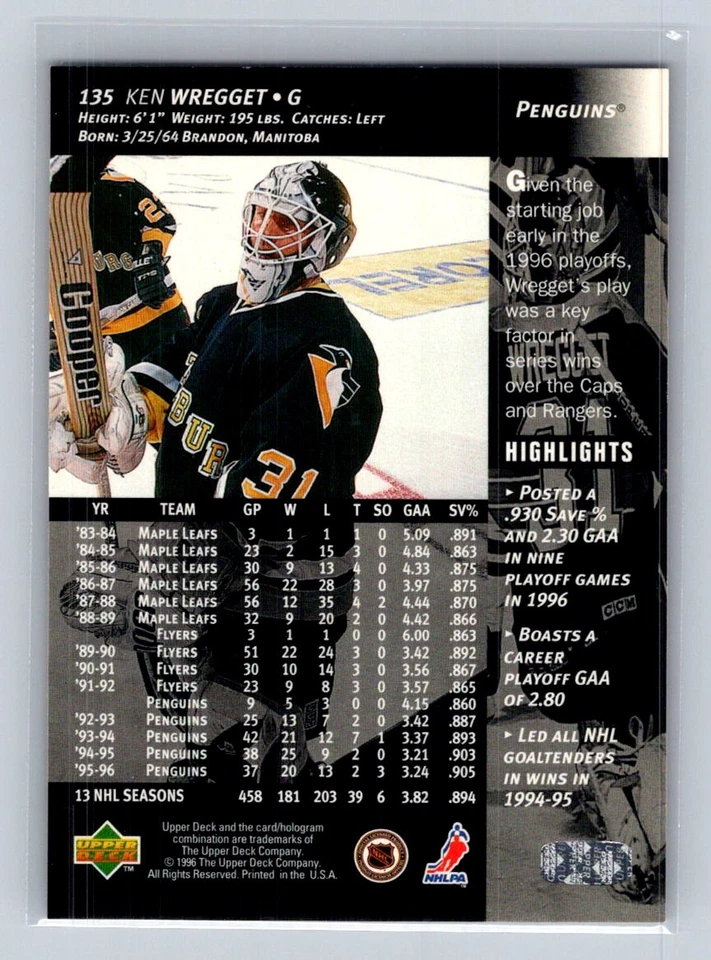 1996-97 Upper Deck #135 Ken Wregget Pittsburgh Penguins - Image 2 of 2