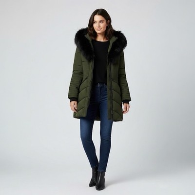 Noize Gigi Vegan Faux Fur Trim Quilted Parka in Olive Size XL NEW