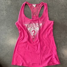 Vintage Y2K Pink Guess Mcbling Lace Racer Back Rhinestone Tank Top Medium