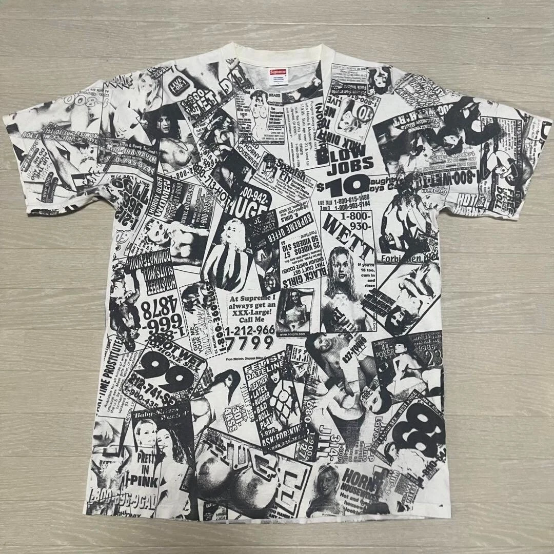 T shirt homme Supreme Porn Total Pattern années 00 blanc noir 100% coton taille L