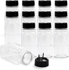 Royalhouse 12 Pack 9.5 Oz Plastic Spice Jars with Black Cap, Clear and Safe Plas