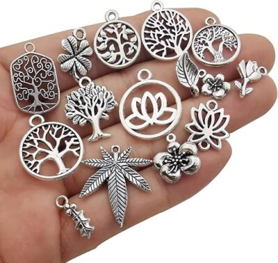 100 Tree of Life Charms Antiqued Silver Flower Garden Pendants Mixed Lot BULK Se
