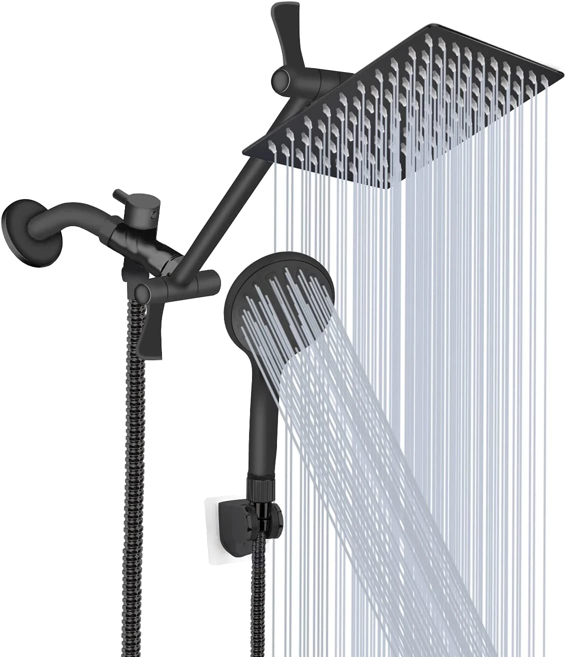 High Pressure Rainfall Shower Head Combo with 11'' Extension Arm, Matte Black