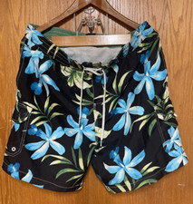 Caribbean Joe Men's Tropical Hawaiian Swim Trunks Size L Black w/ Blue Floral