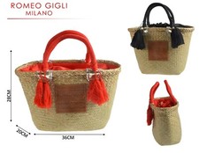 Borsa mare donna cesto in paglia naturale e raffia colorata chiusura a nastro
