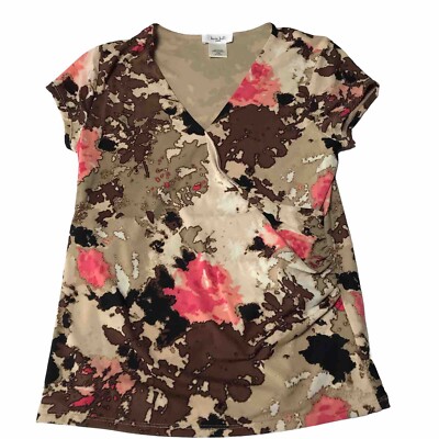 Y2K Kate Hill Top Petites PM Mesh Wrap Ruched Artsy Abstract Watercolor Fairy