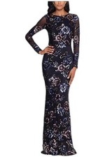 Betsy  Adam Long Long Sleeve Floral Sequin Gown Black/Teal
