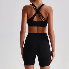 Solid Color High Waist Gym Yoga Short Legging Set Tight Women Cross Back High Im
